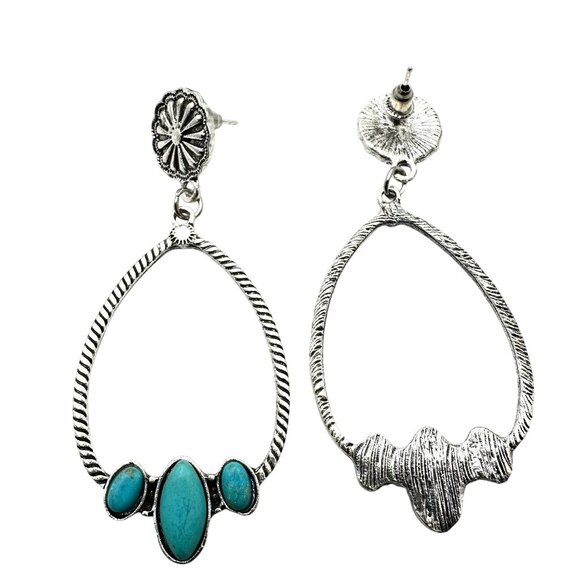 Western Style Silver Tone Chandelier Pierced Earrings Blue Faux Turquoise 2.5" - Picture 3 of 5